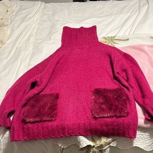 Zara Fuchsia Turtleneck Sweater with Faux Fur Accents